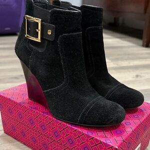 Tory Burch Black Suede Ankle Boots with Gold Buckle